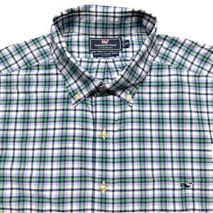 Vineyard Vines‎ Shirt Mens 2XL Blue Plaid Slim Tucker Performance Whale Stretch